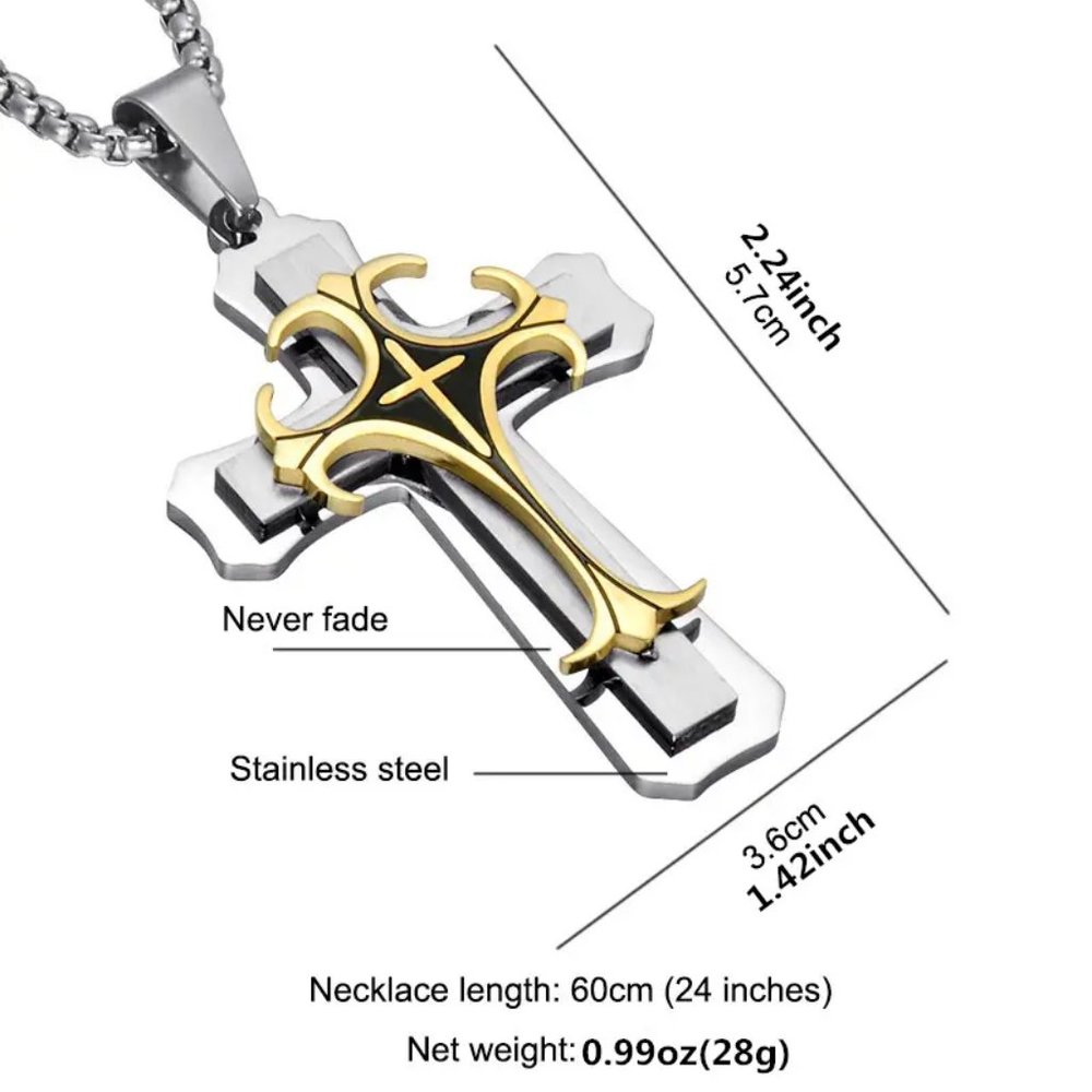 Men's Punk Two Tone Stainless Steel Cross Pendant Necklace - Picture 5 of 7